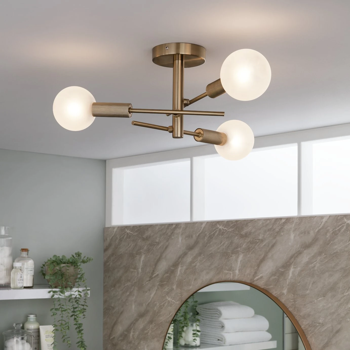 Habitat Globe Ribbed Metal Bathroom Ceiling Light - Brass 1 Habitat Globe Ribbed Metal Bathroom Ceiling Light - Brass