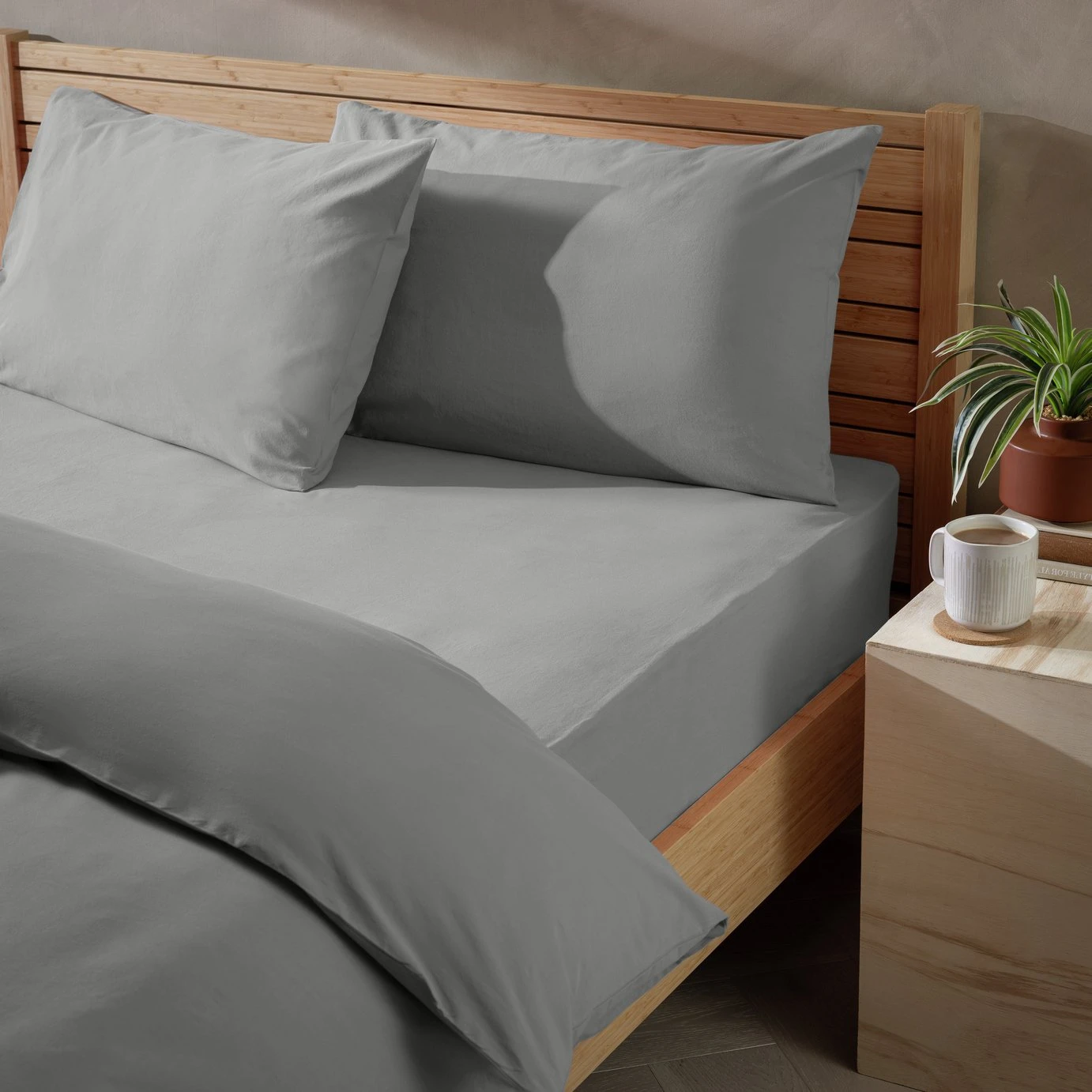 Habitat Washed Plain Stone Grey Fitted Sheet - Double 2 Habitat Washed Plain Stone Grey Fitted Sheet - Double - Image 2