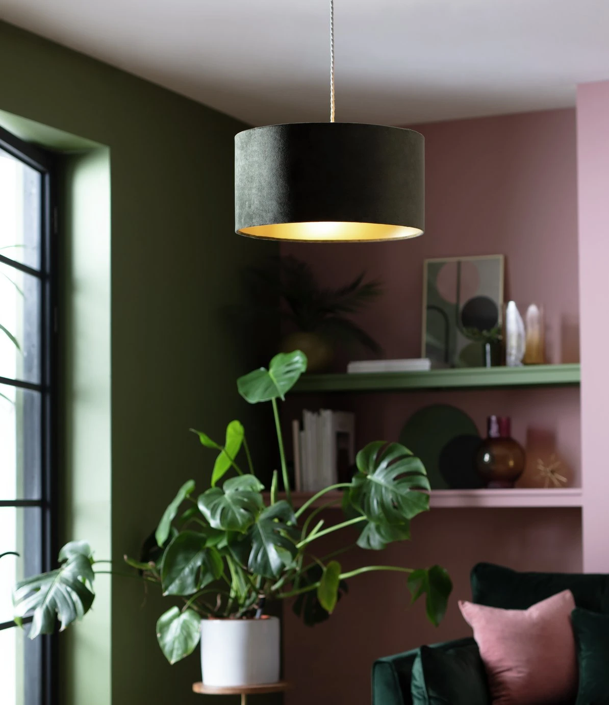 Habitat Gaia Velvet & Foil 40cm Drum Shade - Chive 6 Habitat Gaia Velvet & Foil 40cm Drum Shade - Chive - Image 6