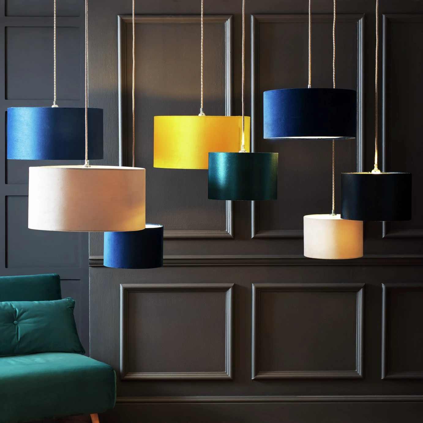 Habitat Gaia Velvet & Foil 40cm Drum Shade - Chive 9 Habitat Gaia Velvet & Foil 40cm Drum Shade - Chive - Image 9